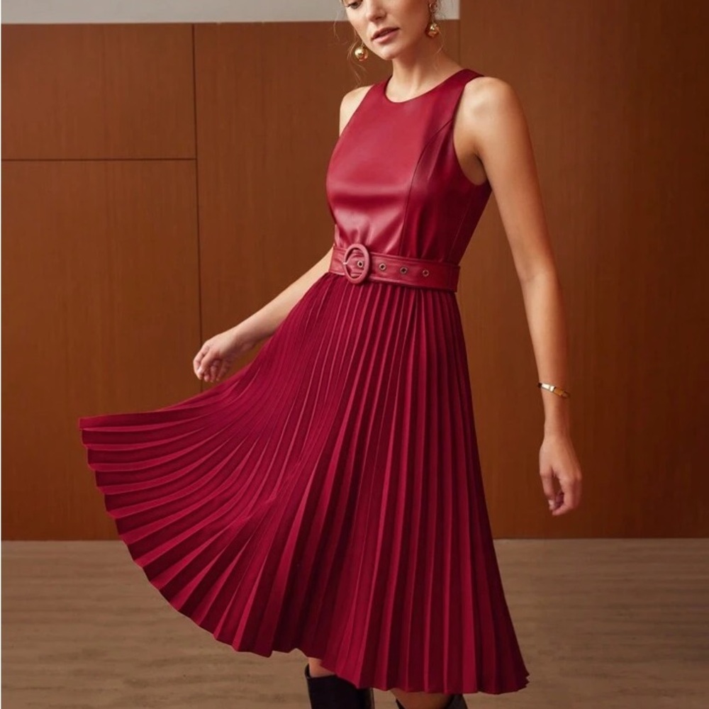 Red and Burgundy Pleated Dress